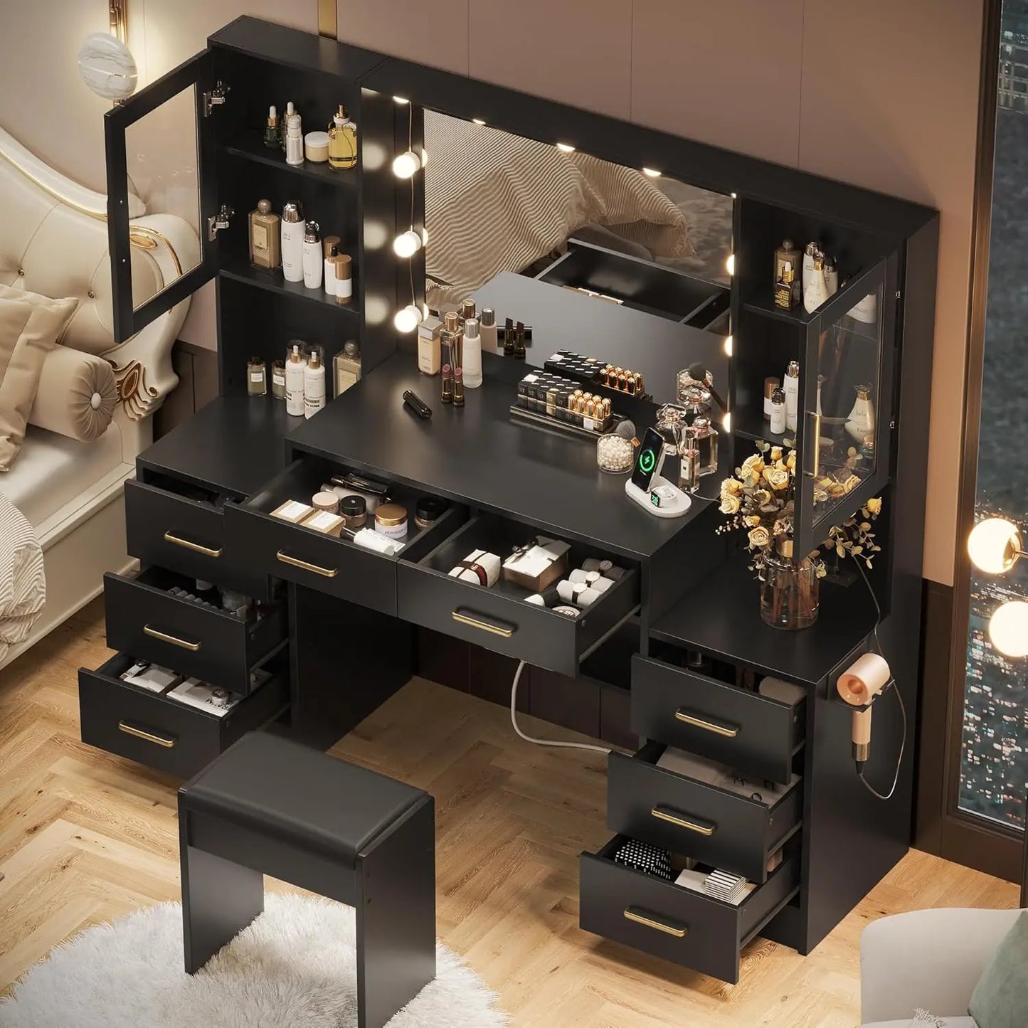 Makeup Vanity Desk with Mirror & Lights, 58.3"