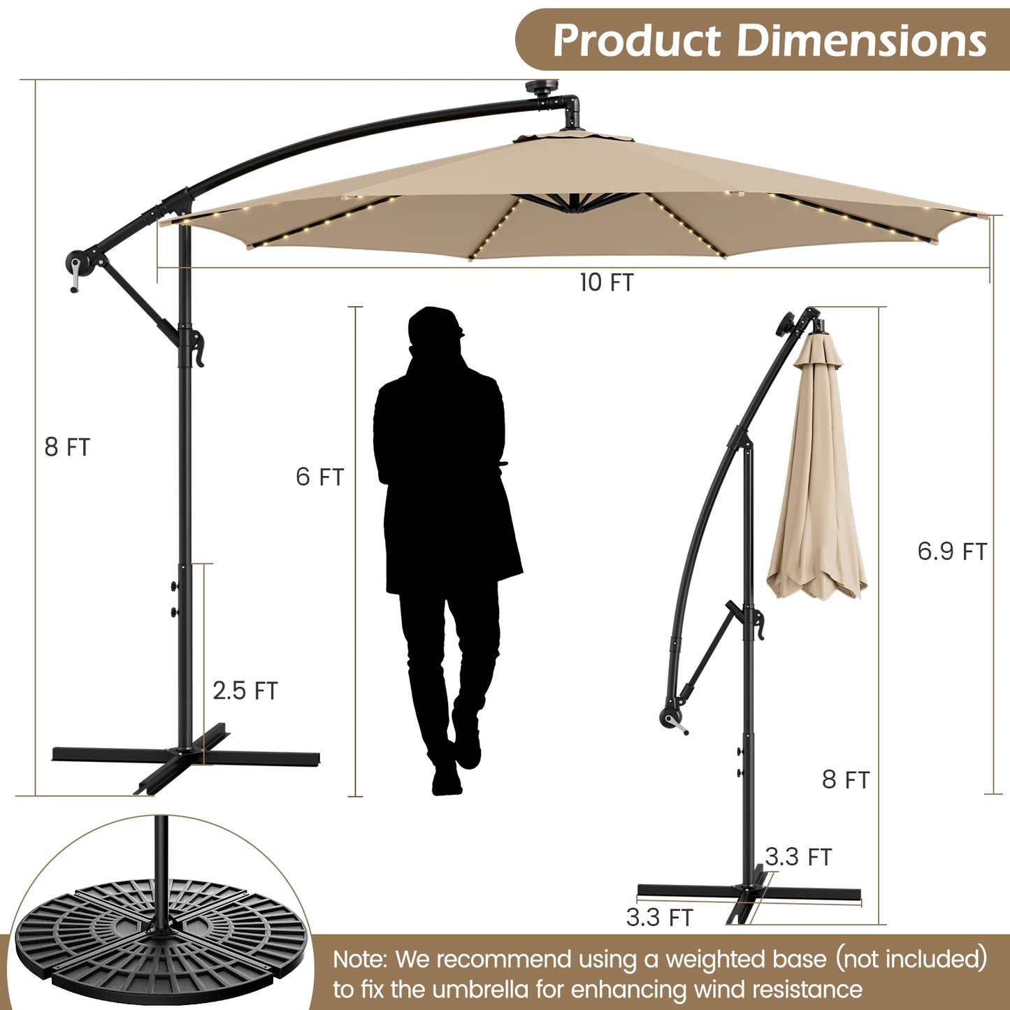 10FT Patio Solar-Lighted 112 LED Cantilever Umbrella