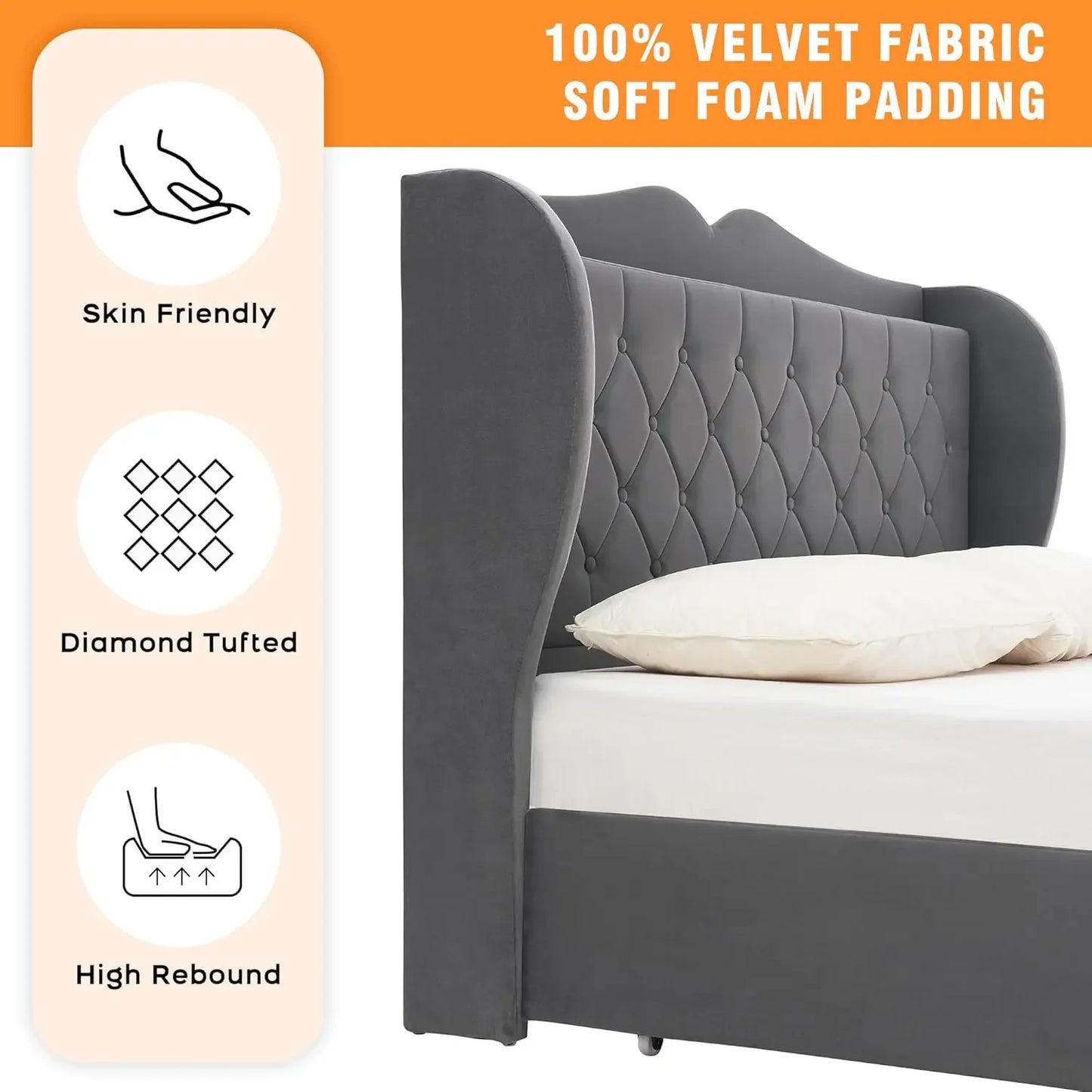 Bed Frame, 4 Storage Drawers Velvet Upholstered Bed