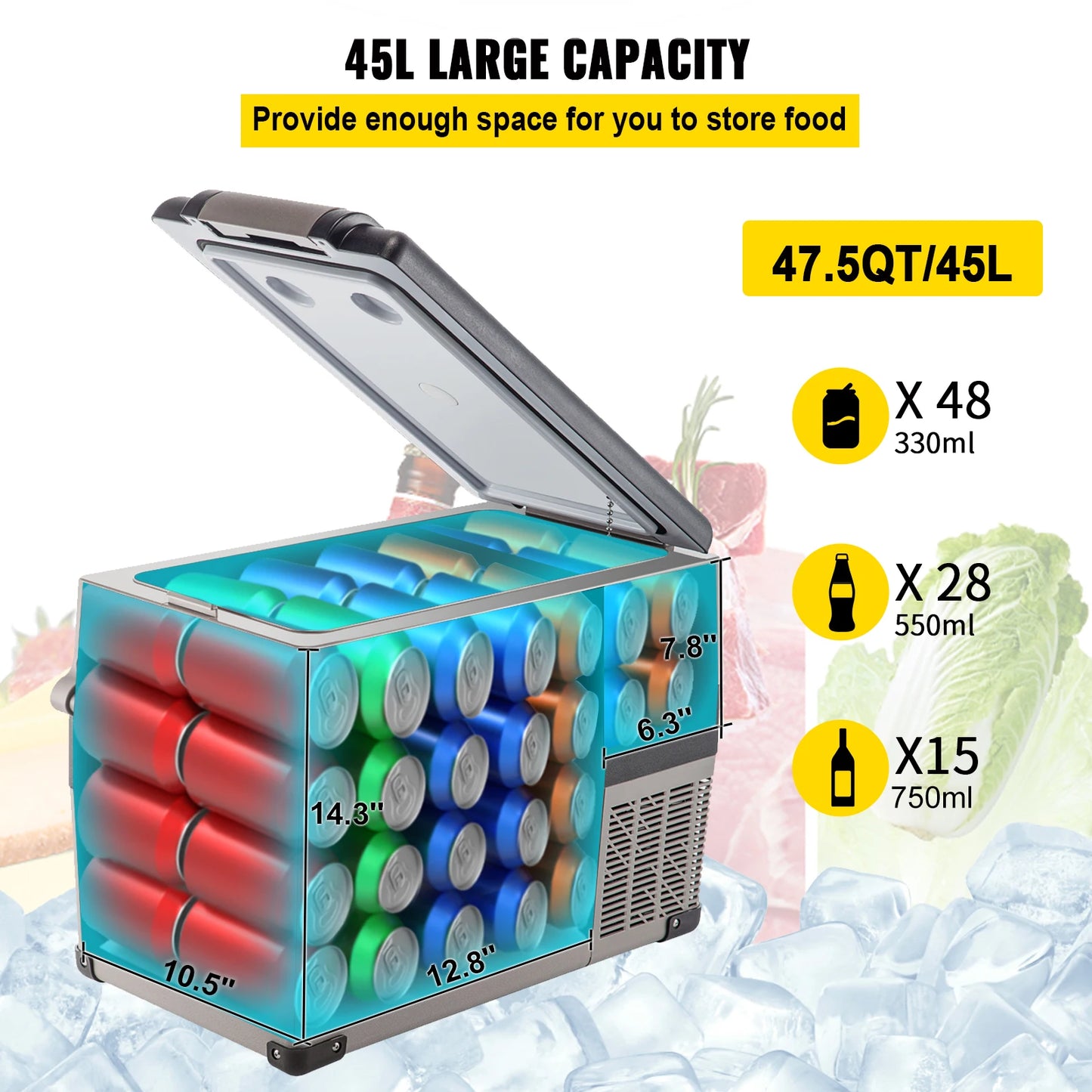 VEVOR Portable Small Car Freezer 45L Mini Car Refrigerator 60W Cooler 12V Portable Vehicle Car Fridge For Home and Outdoor Use