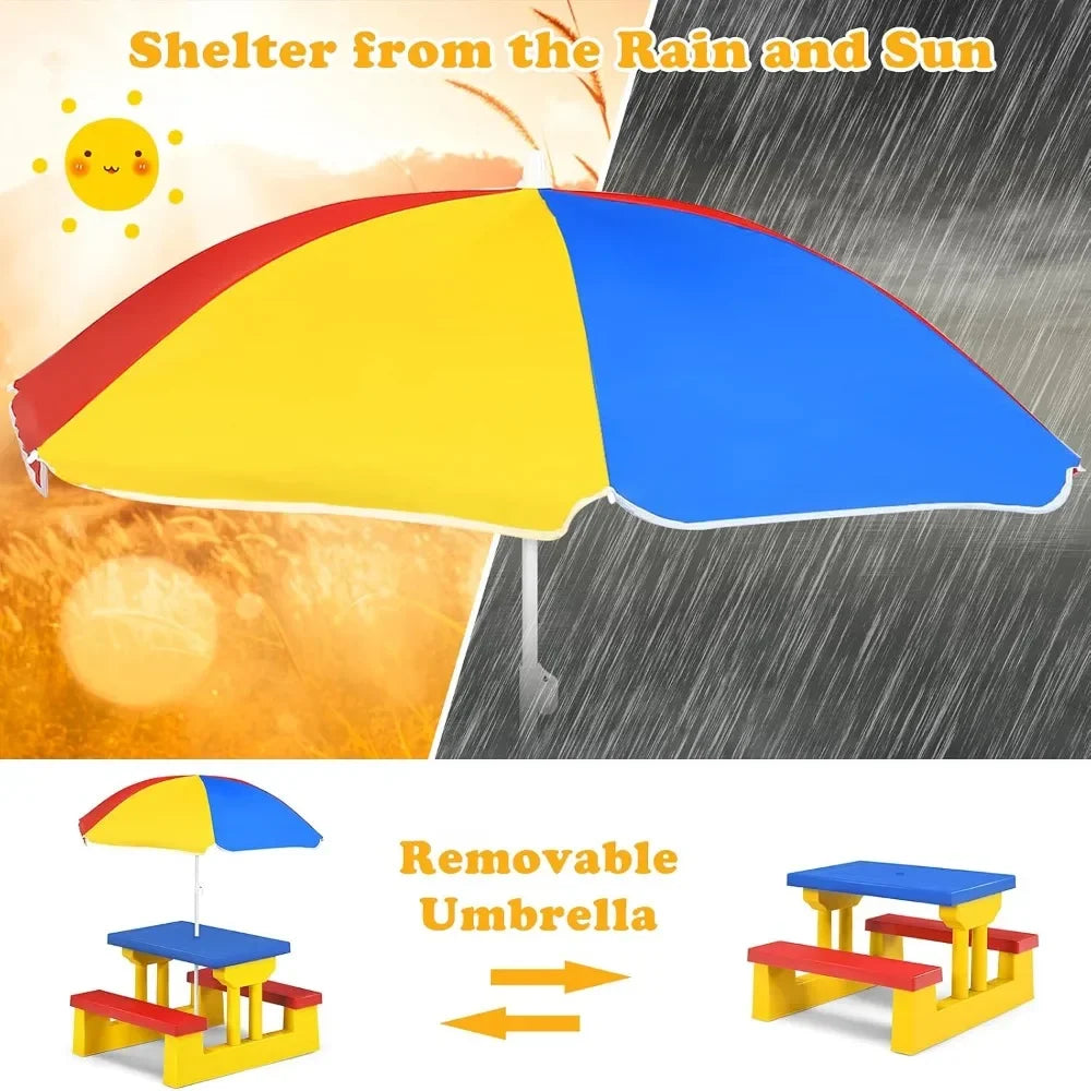 Toddlers To kids Plastic Outdoor Table & Bench Set with Umbrella.