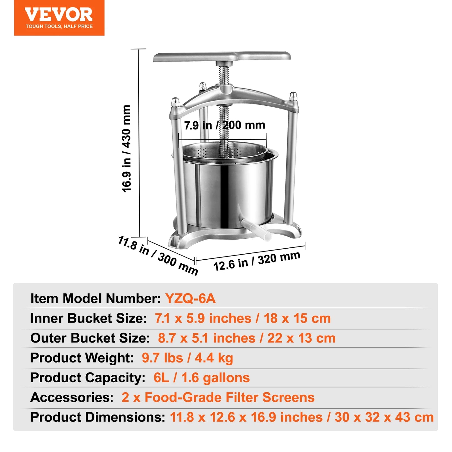 VEVOR 1.6 Gal/6L Stainless steel Manual Fruit Wine Press