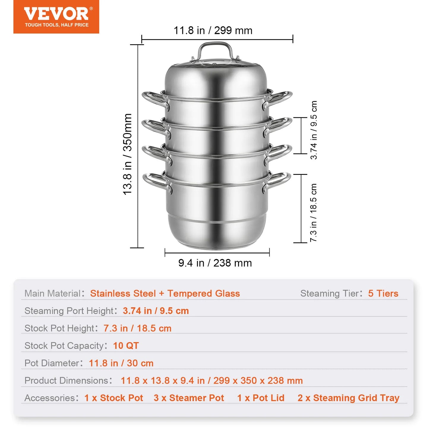 VEVOR 5 Layer Food Steamer Stainless Steel Stock pot