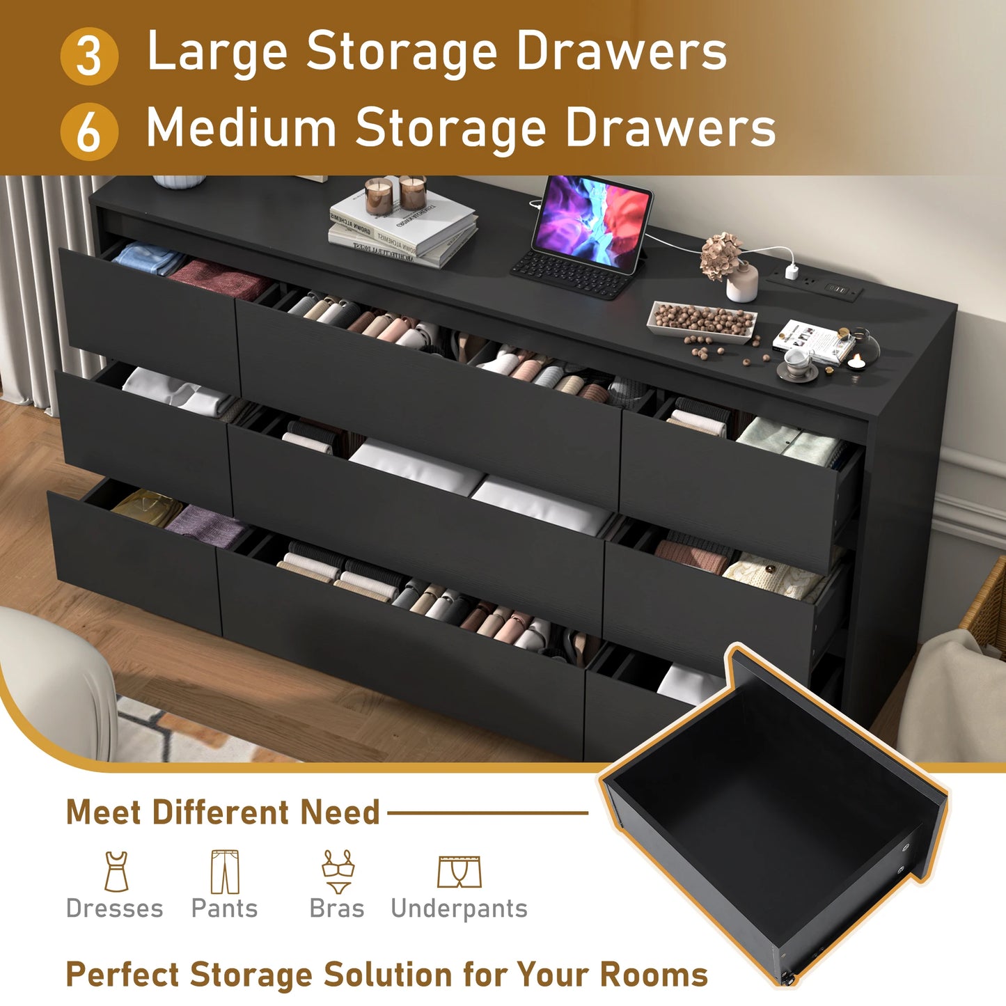 9 Drawer Dresser for Bedroom 63 inches long