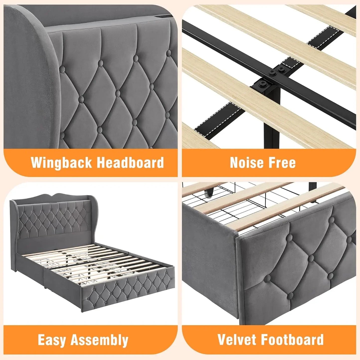Bed Frame, 4 Storage Drawers Velvet Upholstered Bed