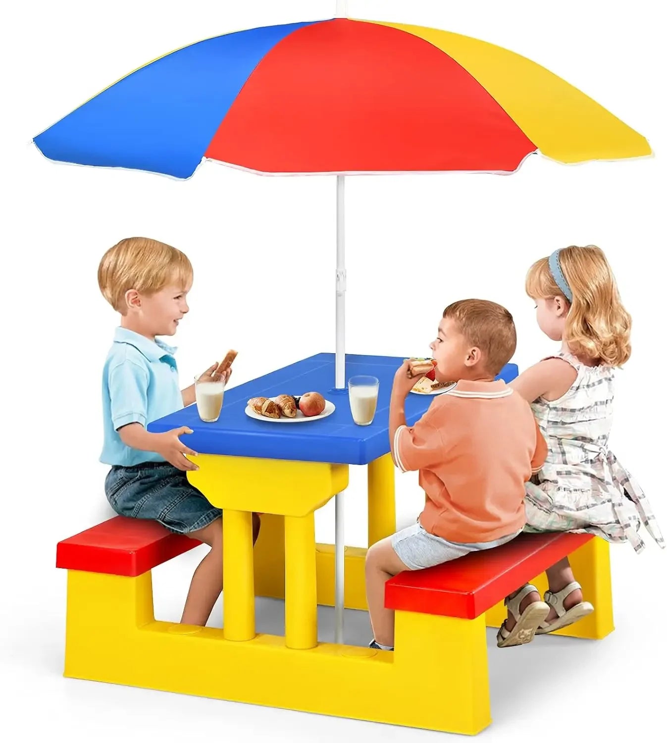 Toddlers To kids Plastic Outdoor Table & Bench Set with Umbrella.