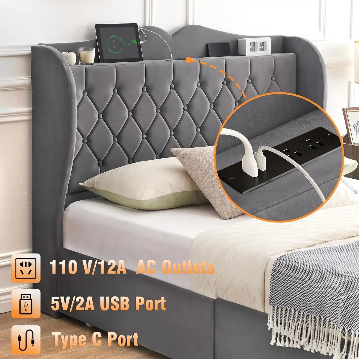 Bed Frame, 4 Storage Drawers Velvet Upholstered Bed