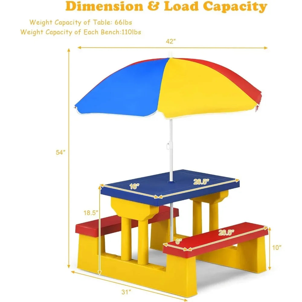 Toddlers To kids Plastic Outdoor Table & Bench Set with Umbrella.