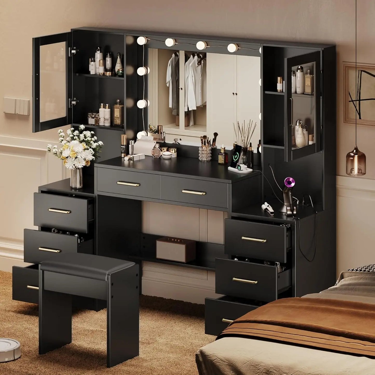 Makeup Vanity Desk with Mirror & Lights, 58.3"