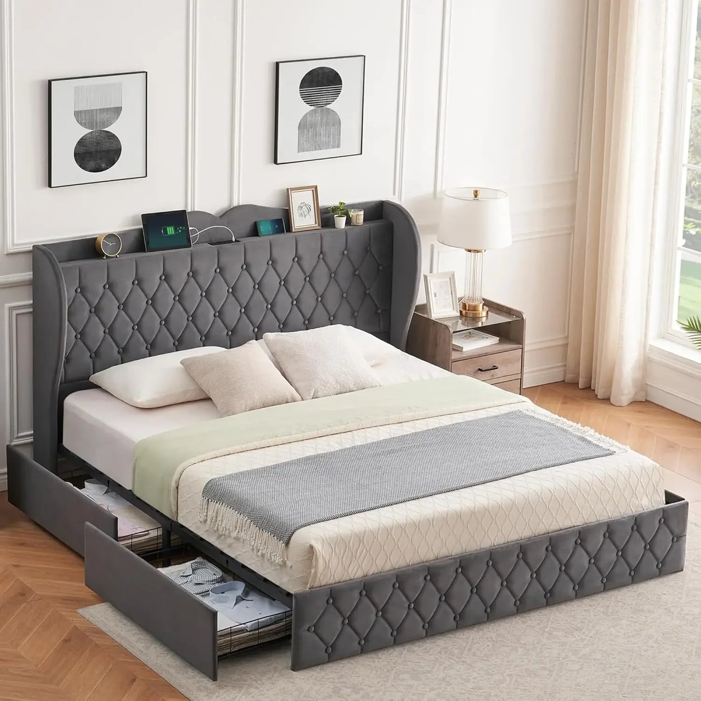 Bed Frame, 4 Storage Drawers Velvet Upholstered Bed
