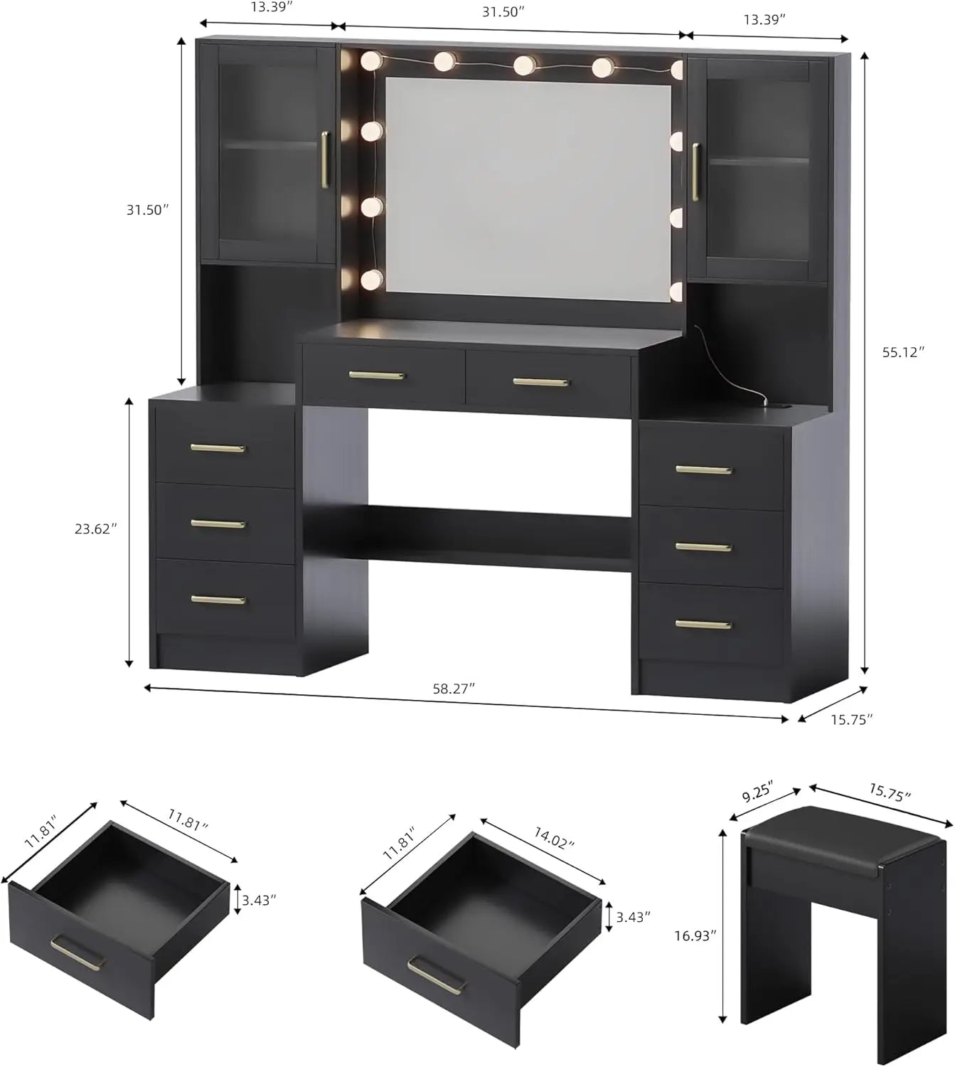 Makeup Vanity Desk with Mirror & Lights, 58.3"