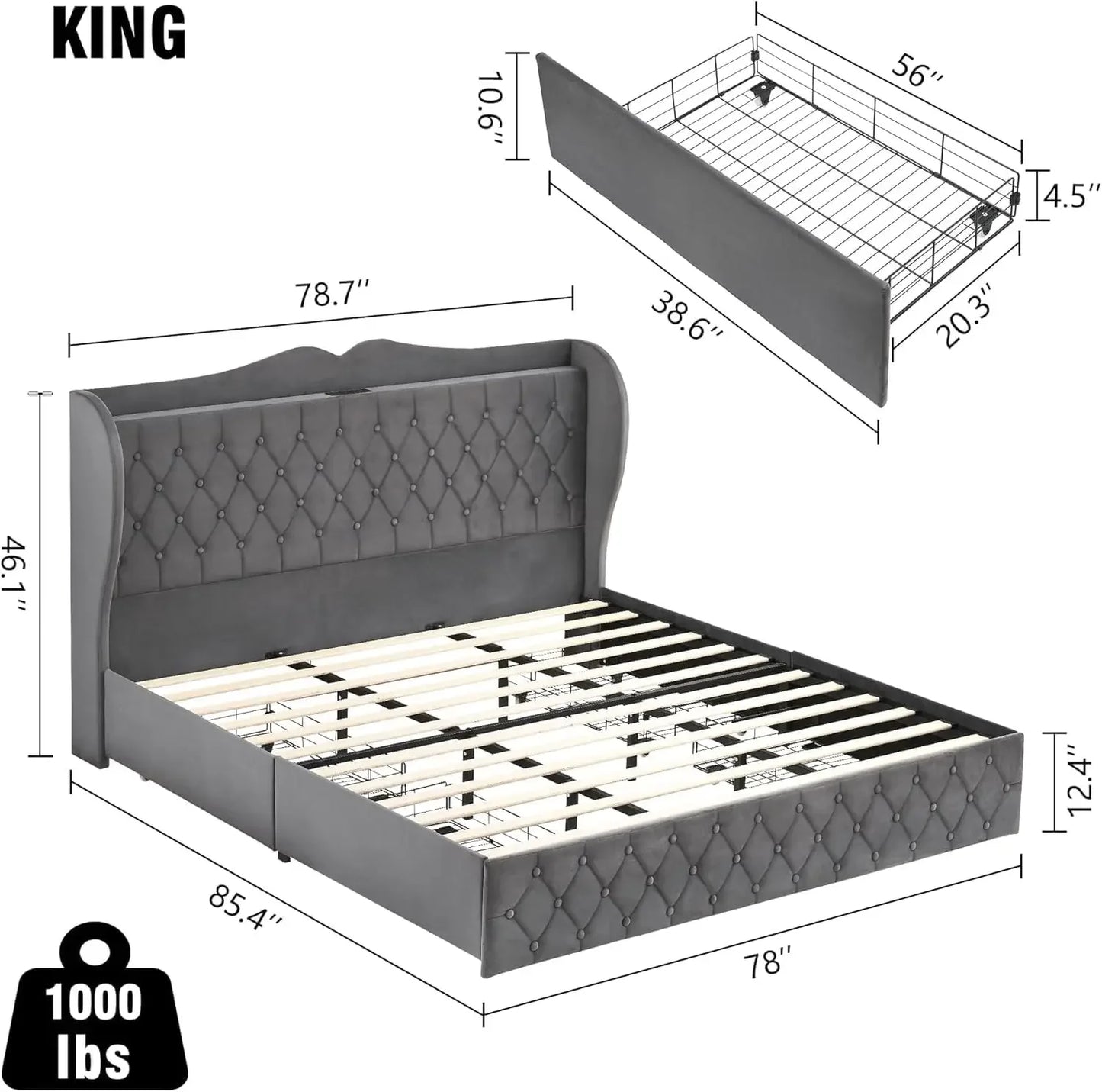 Bed Frame, 4 Storage Drawers Velvet Upholstered Bed