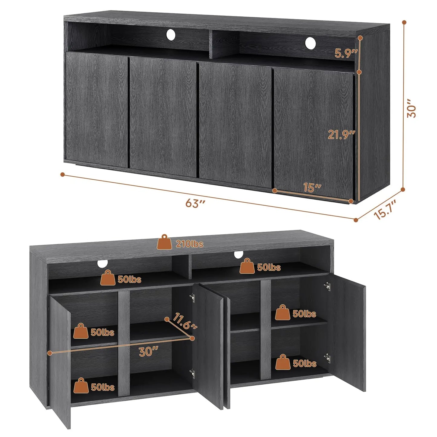 Buffets Cabinet 63" L 4 door storage