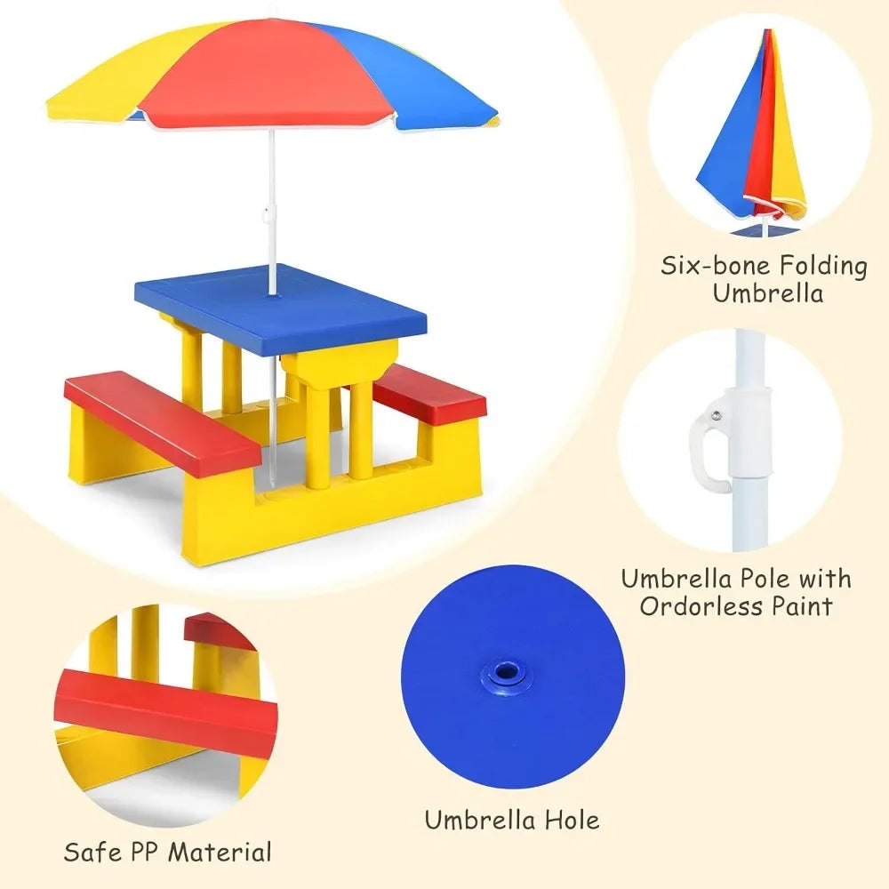 Toddlers To kids Plastic Outdoor Table & Bench Set with Umbrella.