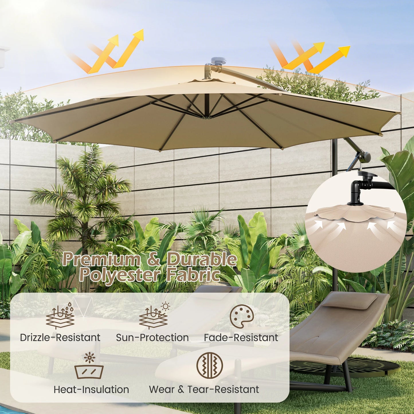 10FT Patio Solar-Lighted 112 LED Cantilever Umbrella