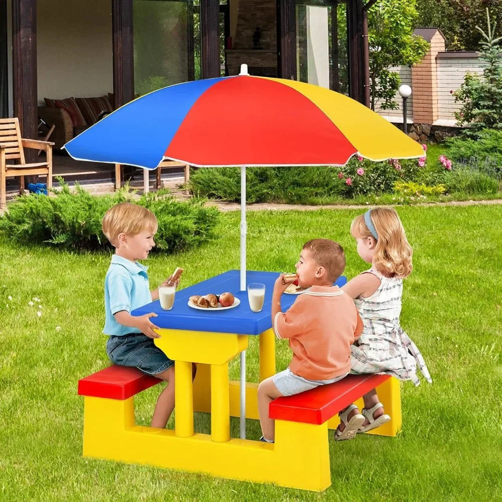 Toddlers To kids Plastic Outdoor Table & Bench Set with Umbrella.