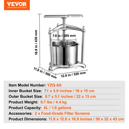 VEVOR 1.6 Gal/6L Stainless steel Manual Fruit Wine Press