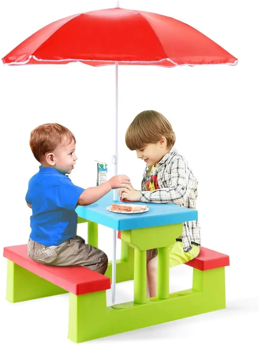 Toddlers To kids Plastic Outdoor Table & Bench Set with Umbrella.