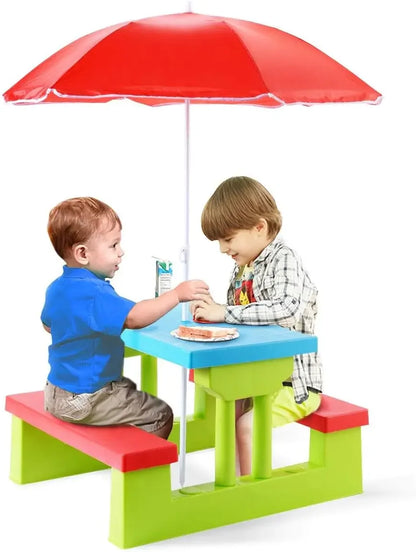 Toddlers To kids Plastic Outdoor Table & Bench Set with Umbrella.