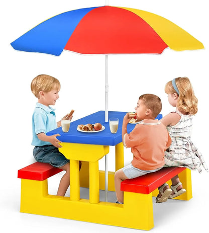 Toddlers To kids Plastic Outdoor Table & Bench Set with Umbrella.