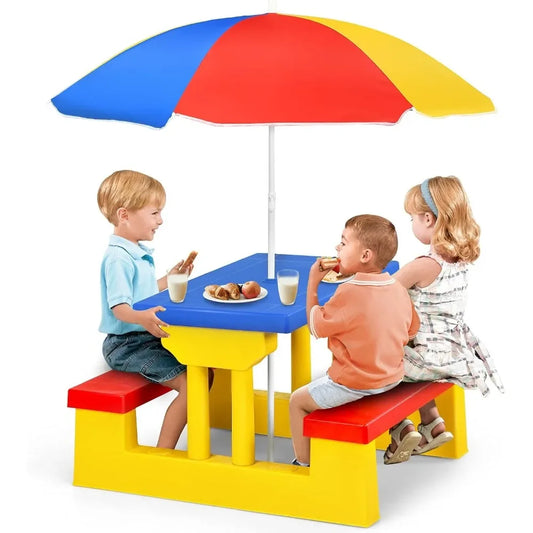 Toddlers To kids Plastic Outdoor Table & Bench Set with Umbrella.