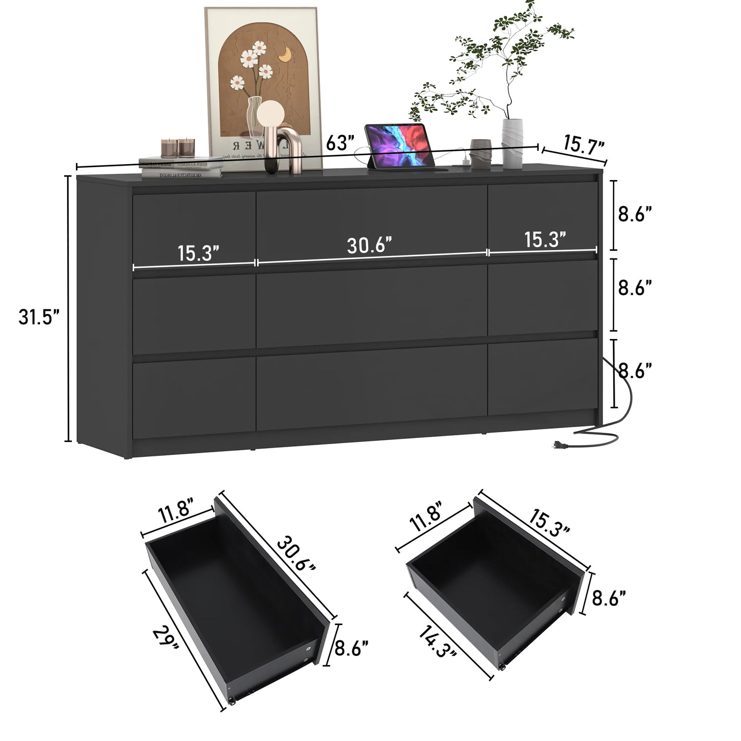 9 Drawer Dresser for Bedroom 63 inches long