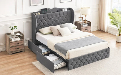 Bed Frame, 4 Storage Drawers Velvet Upholstered Bed