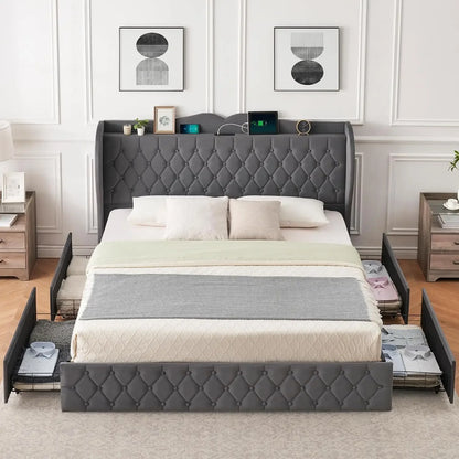 Bed Frame, 4 Storage Drawers Velvet Upholstered Bed